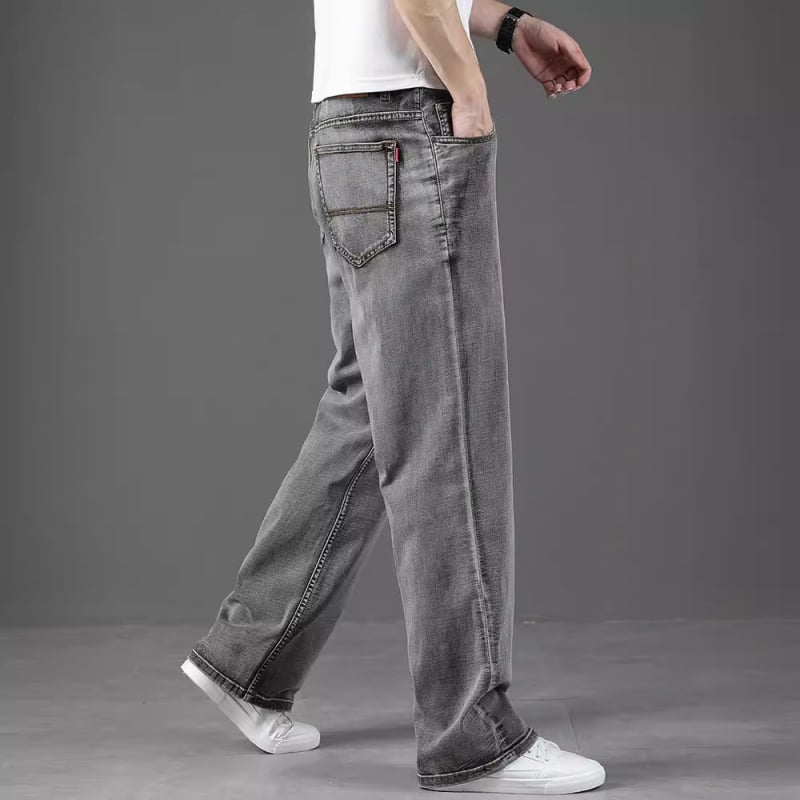 Blugi bărbătești drepti, croială lejeră, mărime mare, gri fum, subțiri, casual, elastici, pantaloni lungi