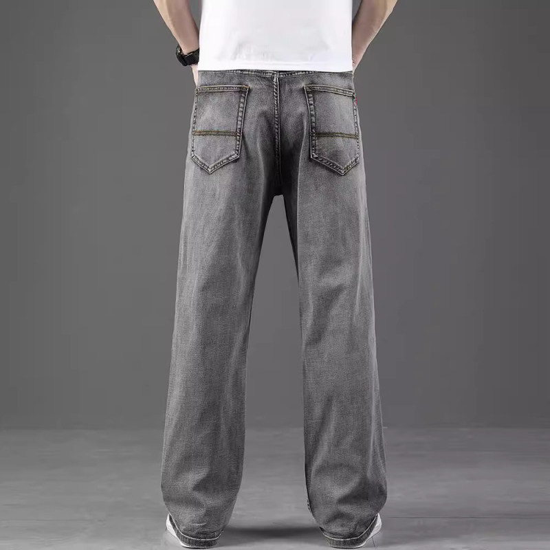 Blugi bărbătești drepti, croială lejeră, mărime mare, gri fum, subțiri, casual, elastici, pantaloni lungi