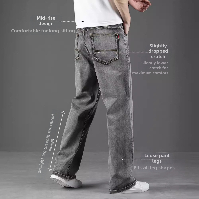 Blugi bărbătești drepti, croială lejeră, mărime mare, gri fum, subțiri, casual, elastici, pantaloni lungi