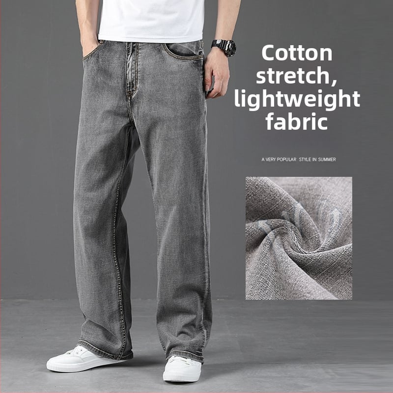 Blugi bărbătești drepti, croială lejeră, mărime mare, gri fum, subțiri, casual, elastici, pantaloni lungi