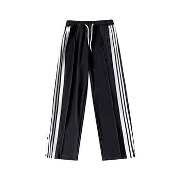 Pantaloni bărbați cu dungi, nasturi pe lateral, largi, croială dreaptă, casual de toamnă