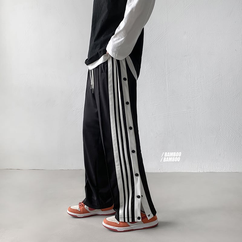 Pantaloni bărbați cu dungi, nasturi pe lateral, largi, croială dreaptă, casual de toamnă