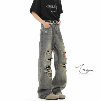Blugi denim Americano retro, spălați cu uzură și rupturi, pentru bărbați, croială dreaptă lejeră, cu un design discret de evazare