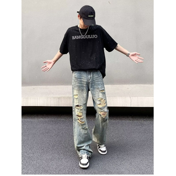 Blugi denim Americano retro, spălați cu uzură și rupturi, pentru bărbați, croială dreaptă lejeră, cu un design discret de evazare