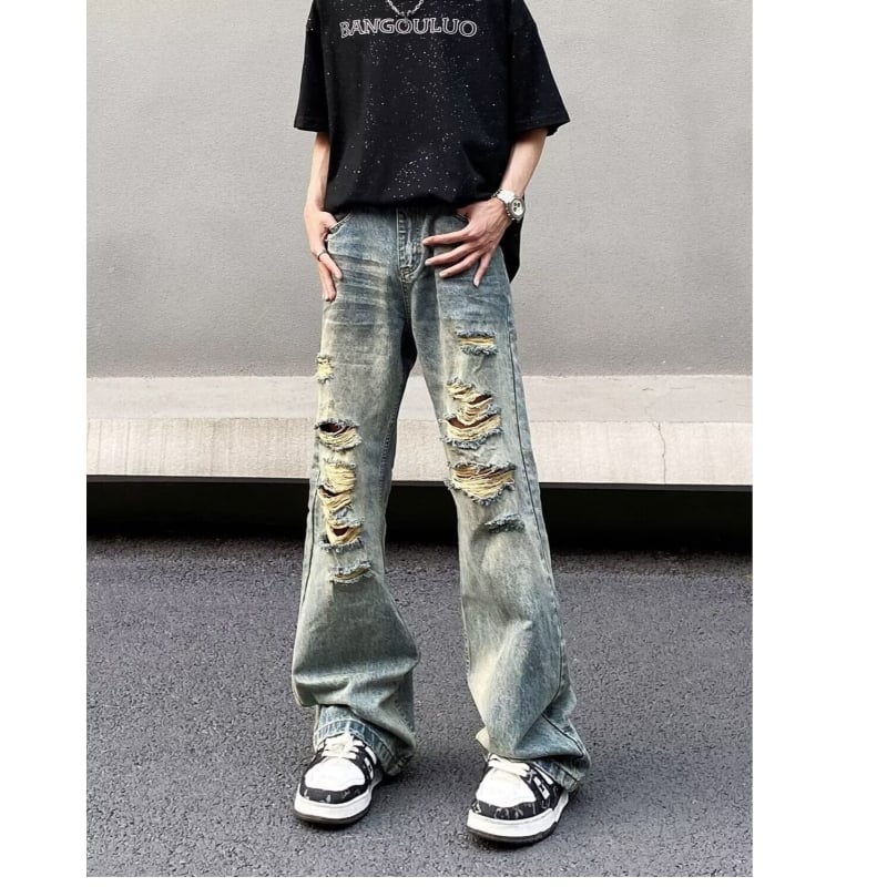 Blugi denim Americano retro, spălați cu uzură și rupturi, pentru bărbați, croială dreaptă lejeră, cu un design discret de evazare