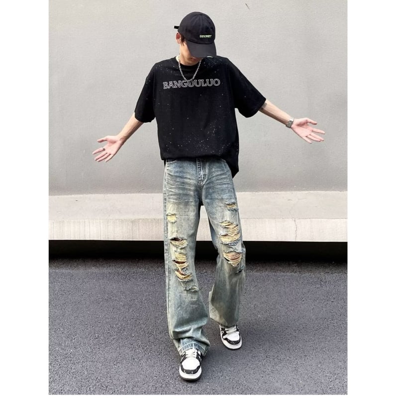 Blugi denim Americano retro, spălați cu uzură și rupturi, pentru bărbați, croială dreaptă lejeră, cu un design discret de evazare