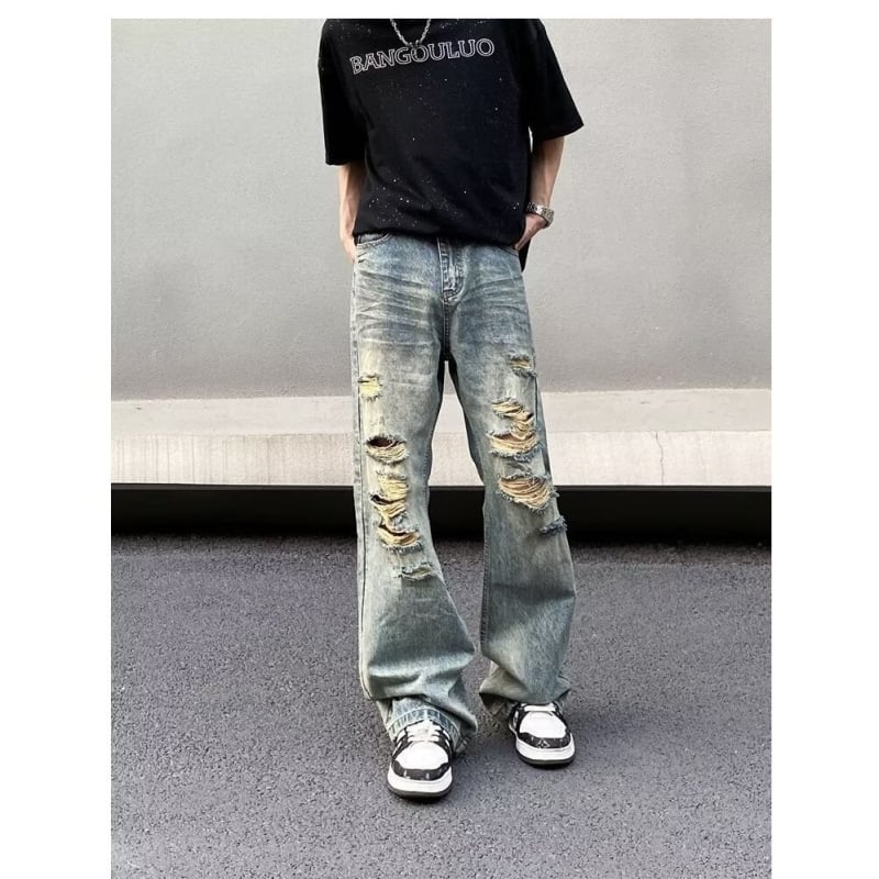 Blugi denim Americano retro, spălați cu uzură și rupturi, pentru bărbați, croială dreaptă lejeră, cu un design discret de evazare