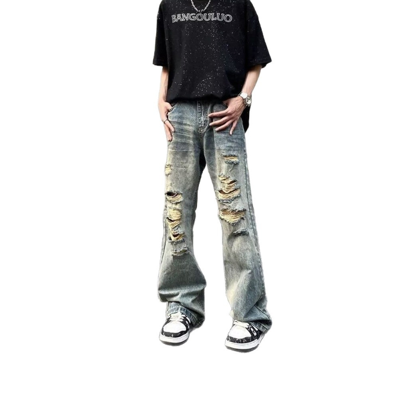 Blugi denim Americano retro, spălați cu uzură și rupturi, pentru bărbați, croială dreaptă lejeră, cu un design discret de evazare