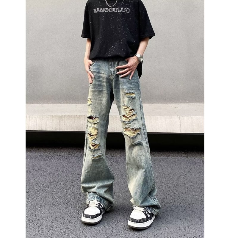 Blugi denim Americano retro, spălați cu uzură și rupturi, pentru bărbați, croială dreaptă lejeră, cu un design discret de evazare