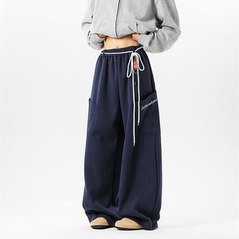 Pantaloni sport casual unisex bleumarin închis, stil retro american primăvară, croială lejeră