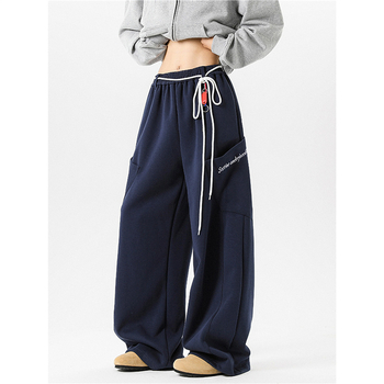 Pantaloni sport casual unisex bleumarin închis, stil retro american primăvară, croială lejeră