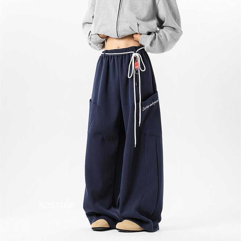 Pantaloni sport casual unisex bleumarin închis, stil retro american primăvară, croială lejeră
