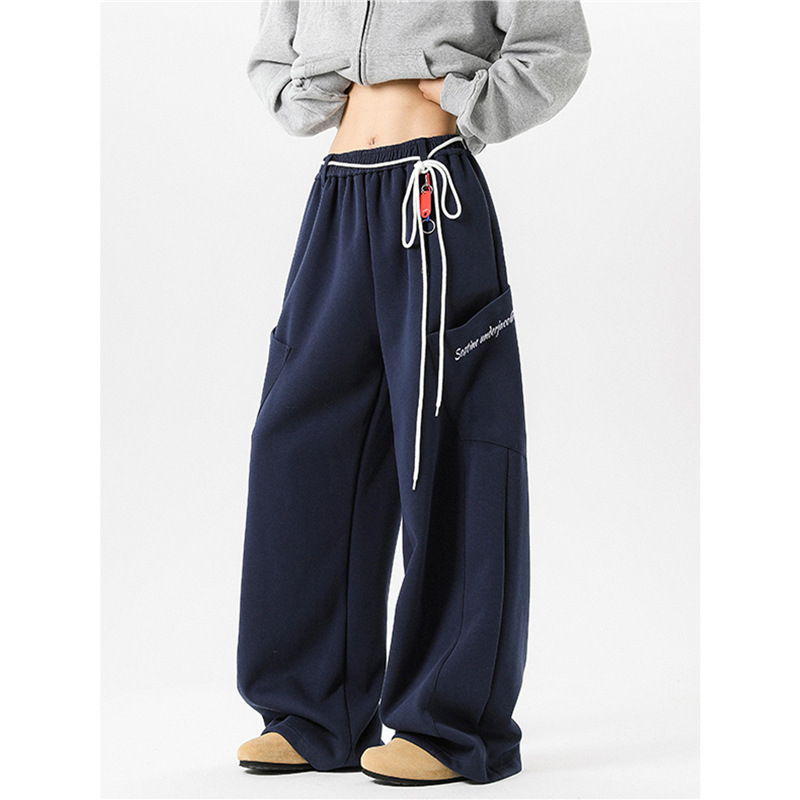 Pantaloni sport casual unisex bleumarin închis, stil retro american primăvară, croială lejeră
