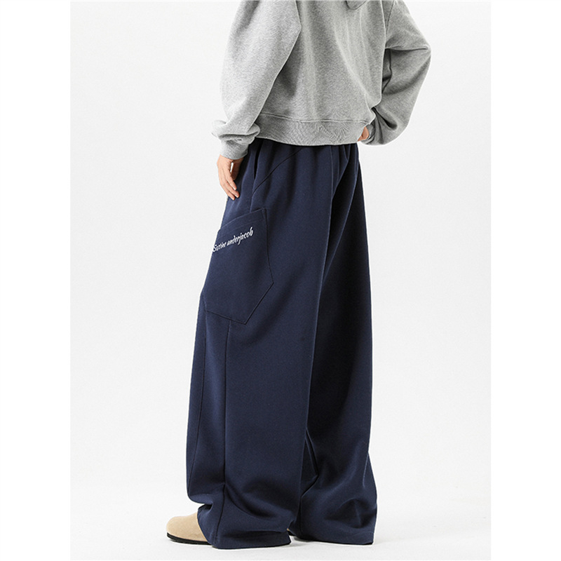 Pantaloni sport casual unisex bleumarin închis, stil retro american primăvară, croială lejeră