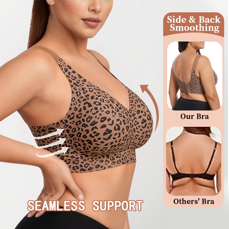Sutien fără sârmă, mărime mare, fără cusături, imprimeu leopard, cupe subțiri modelate, cupă completă