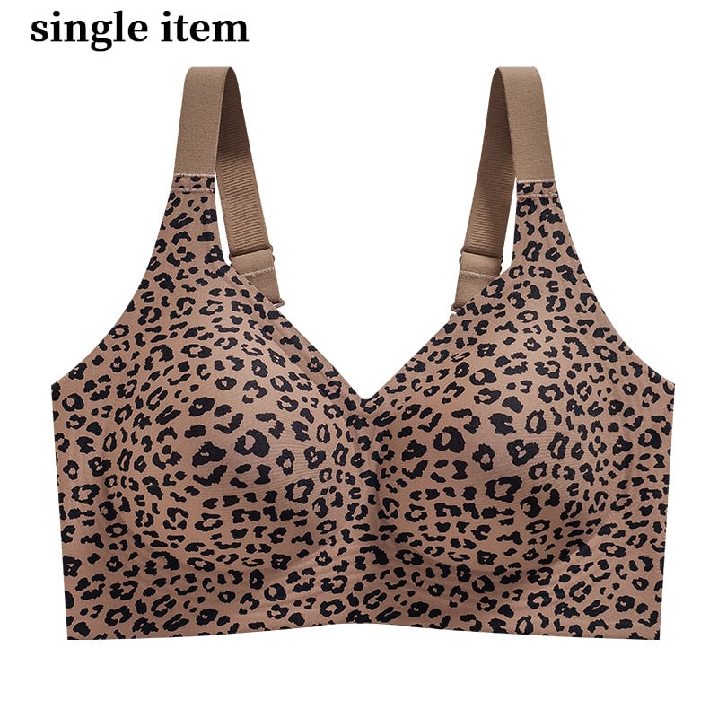 Sutien fără sârmă, mărime mare, fără cusături, imprimeu leopard, cupe subțiri modelate, cupă completă