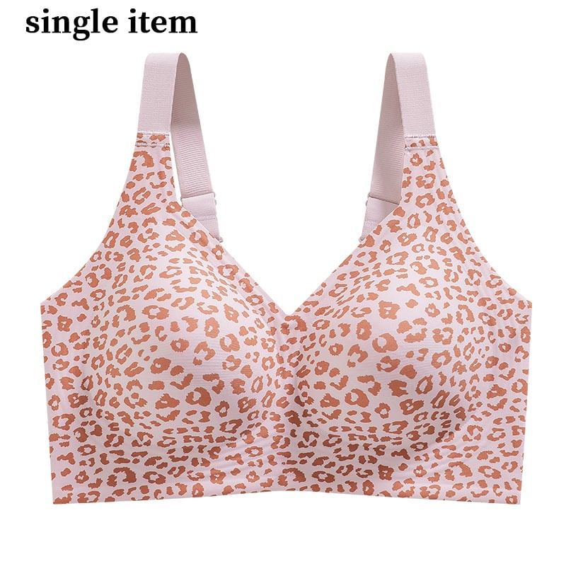 Sutien fără sârmă, mărime mare, fără cusături, imprimeu leopard, cupe subțiri modelate, cupă completă