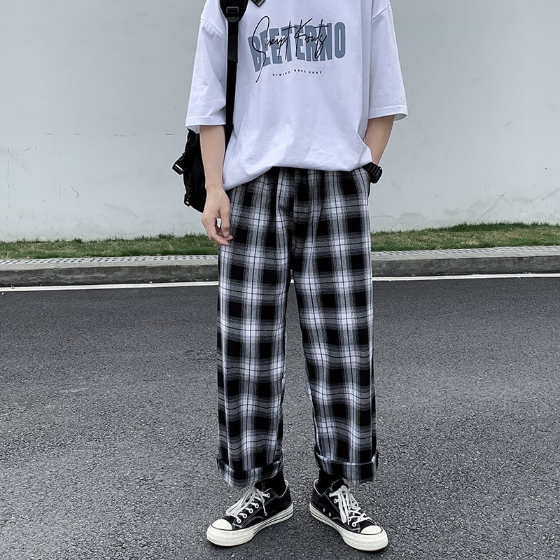 Pantaloni bărbătești în carouri, modă de toamnă, stil coreean, croială dreaptă, largi, 2023