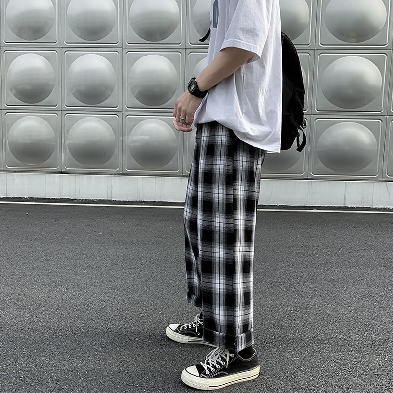 Pantaloni bărbătești în carouri, modă de toamnă, stil coreean, croială dreaptă, largi, 2023