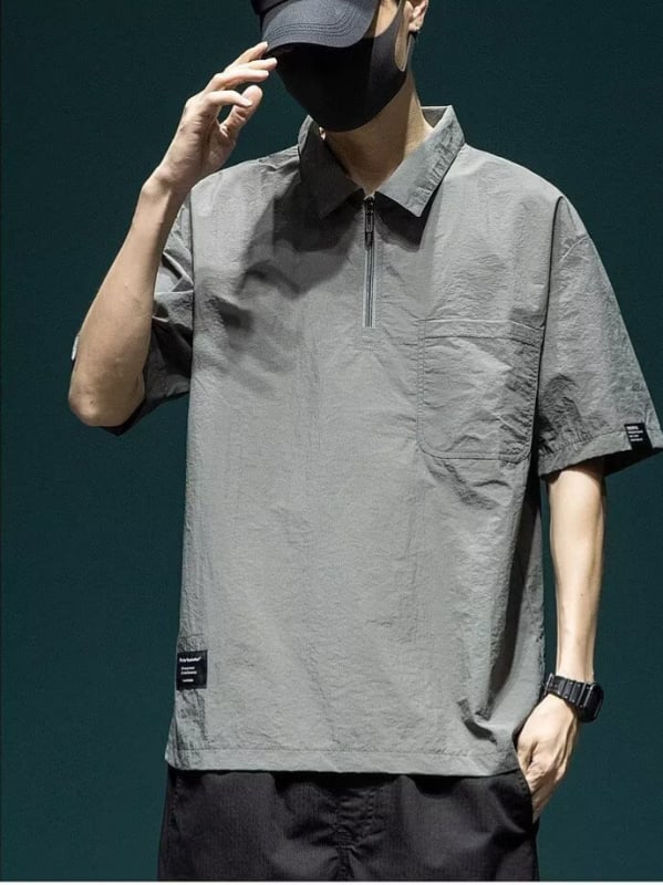 Cămașă polo pentru bărbați, în stil japonez de muncă, mâneci scurte, uscat rapid, croială lejeră, top casual de vară