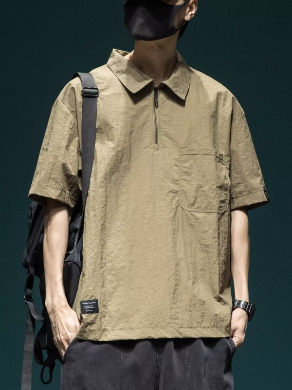 Cămașă polo pentru bărbați, în stil japonez de muncă, mâneci scurte, uscat rapid, croială lejeră, top casual de vară