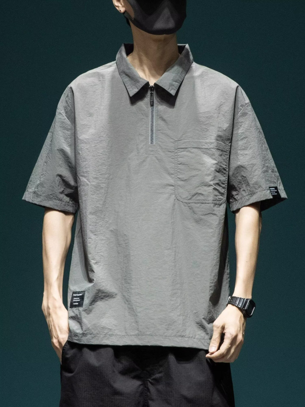 Cămașă polo pentru bărbați, în stil japonez de muncă, mâneci scurte, uscat rapid, croială lejeră, top casual de vară