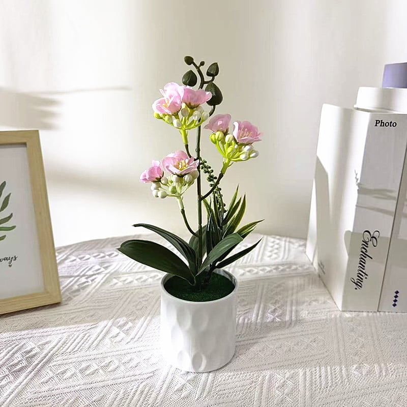 Bonsai cu iasmin cu trei ramuri, nouă flori, în ghiveci mic — plantă artificială de interior pentru decor și fotografie