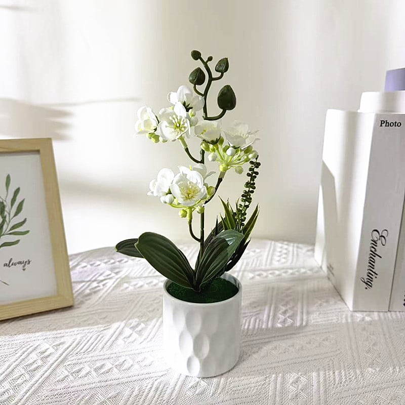 Bonsai cu iasmin cu trei ramuri, nouă flori, în ghiveci mic — plantă artificială de interior pentru decor și fotografie