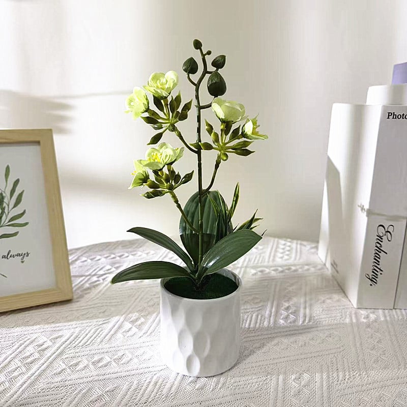 Bonsai cu iasmin cu trei ramuri, nouă flori, în ghiveci mic — plantă artificială de interior pentru decor și fotografie