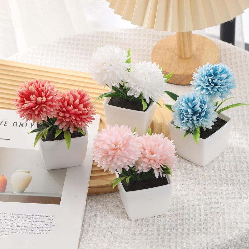 Plantă artificială în ghiveci cu mini bonsai crizantemă și flori artificiale decorative