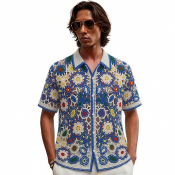 Cardigan polo tricotat cu motive florale și decupaje, mâneci scurte, croi mulat, acrilic