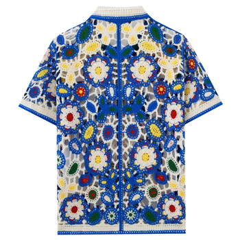 Cardigan polo tricotat cu motive florale și decupaje, mâneci scurte, croi mulat, acrilic