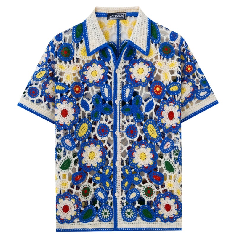 Cardigan polo tricotat cu motive florale și decupaje, mâneci scurte, croi mulat, acrilic