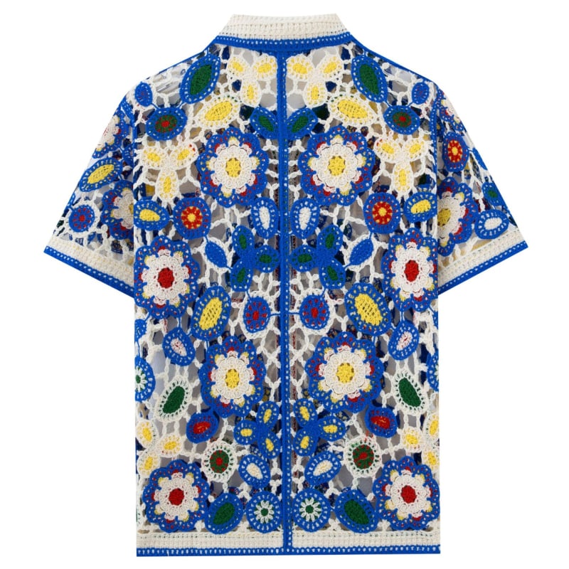 Cardigan polo tricotat cu motive florale și decupaje, mâneci scurte, croi mulat, acrilic