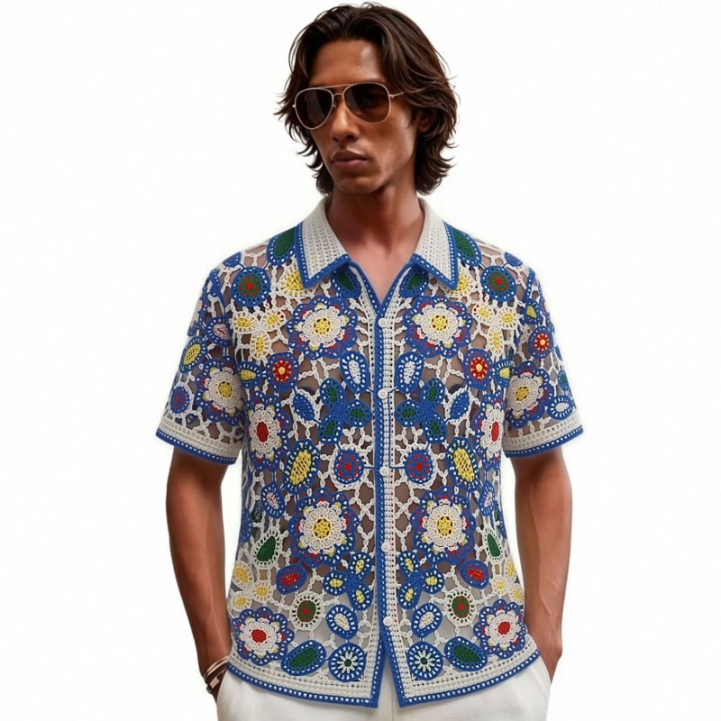 Cardigan polo tricotat cu motive florale și decupaje, mâneci scurte, croi mulat, acrilic