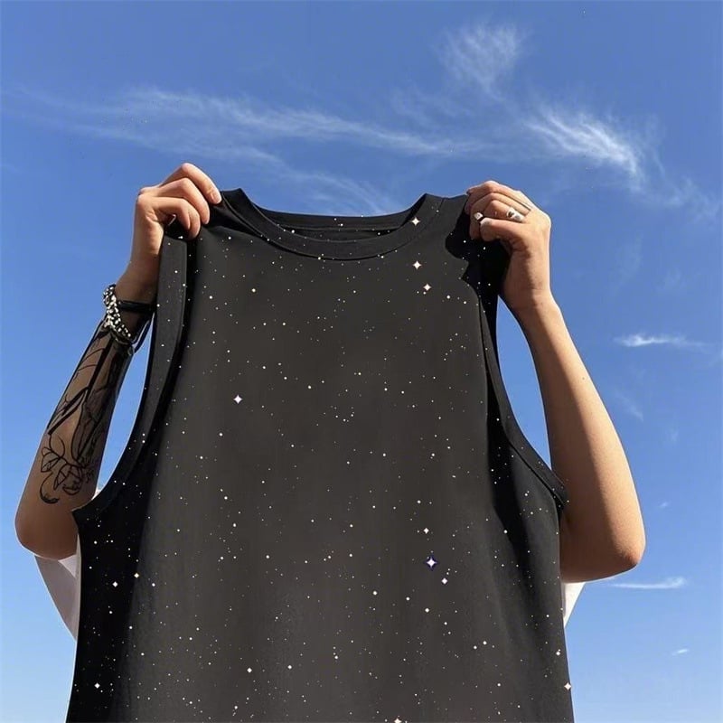 Tricou fără mâneci, lejer, stil Hong Kong, cu imprimeu stele, din bumbac 100%