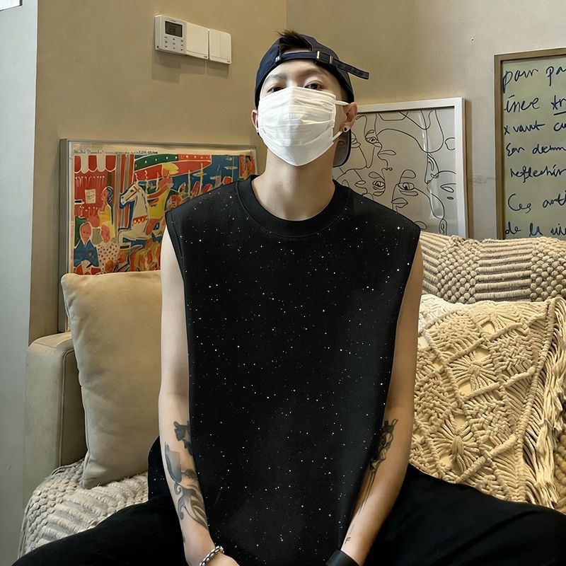 Tricou fără mâneci, lejer, stil Hong Kong, cu imprimeu stele, din bumbac 100%
