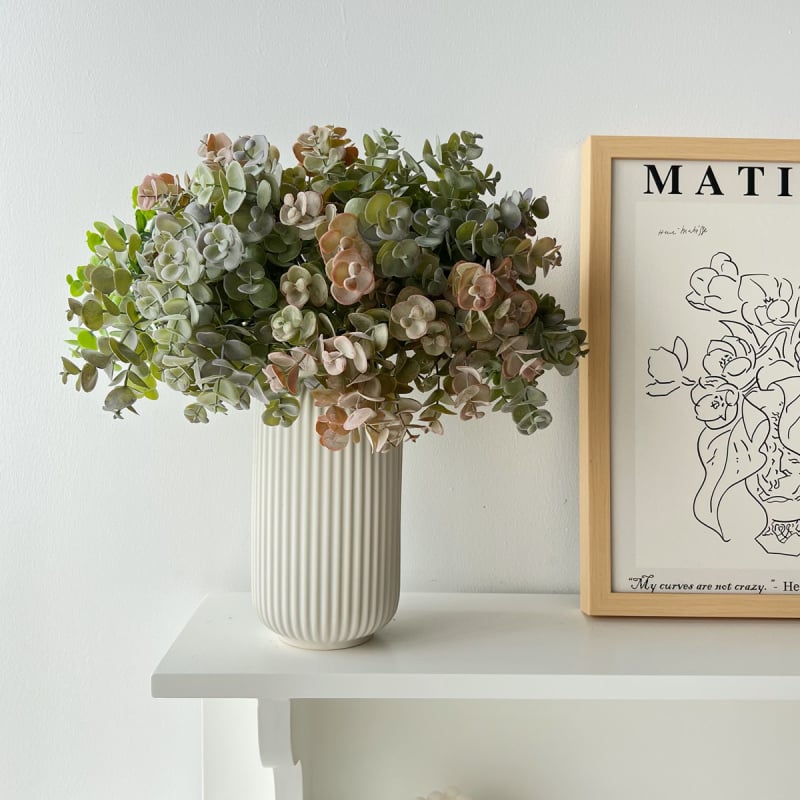 Plantă artificială verde, atârnată, cu eucalipt alb înghețat și buchet de frunze de bani, pentru decor acasă și vitrină