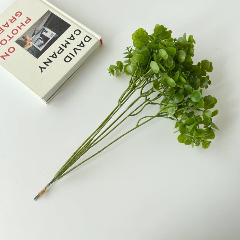 Plantă artificială verde, atârnată, cu eucalipt alb înghețat și buchet de frunze de bani, pentru decor acasă și vitrină