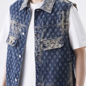 Vesta din denim cu imprimeu cu lăbuțe de pisică în jacquard, pentru bărbați, croială lejeră, guler pătrat, închidere cu nasturi, primăvară-toamnă