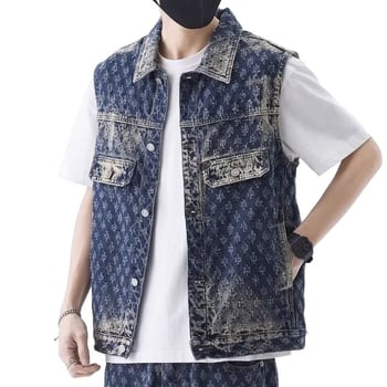 Vesta din denim cu imprimeu cu lăbuțe de pisică în jacquard, pentru bărbați, croială lejeră, guler pătrat, închidere cu nasturi, primăvară-toamnă
