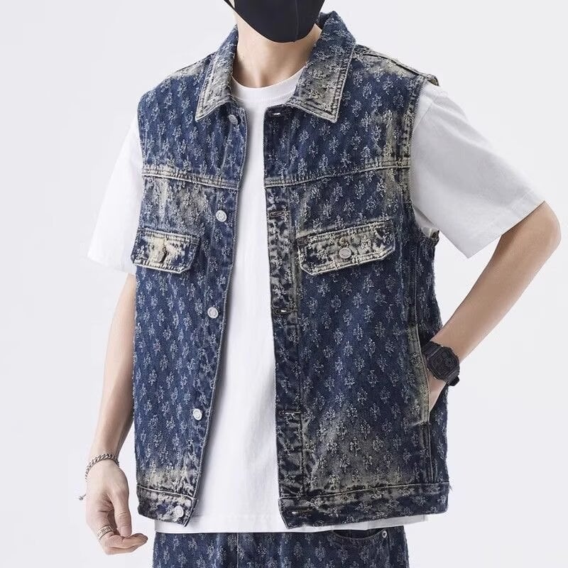Vesta din denim cu imprimeu cu lăbuțe de pisică în jacquard, pentru bărbați, croială lejeră, guler pătrat, închidere cu nasturi, primăvară-toamnă
