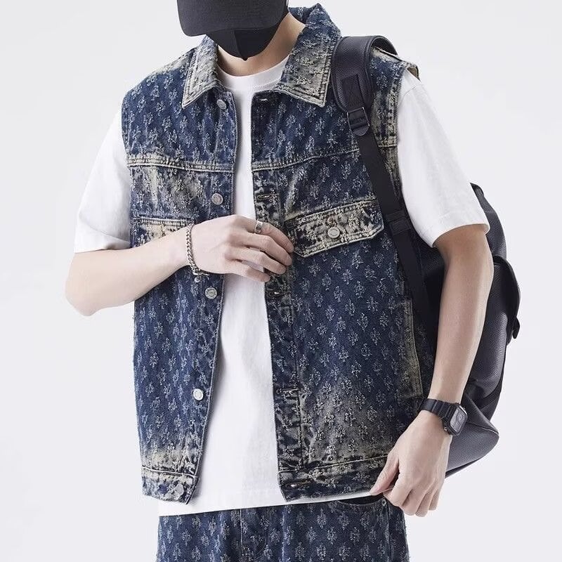 Vesta din denim cu imprimeu cu lăbuțe de pisică în jacquard, pentru bărbați, croială lejeră, guler pătrat, închidere cu nasturi, primăvară-toamnă