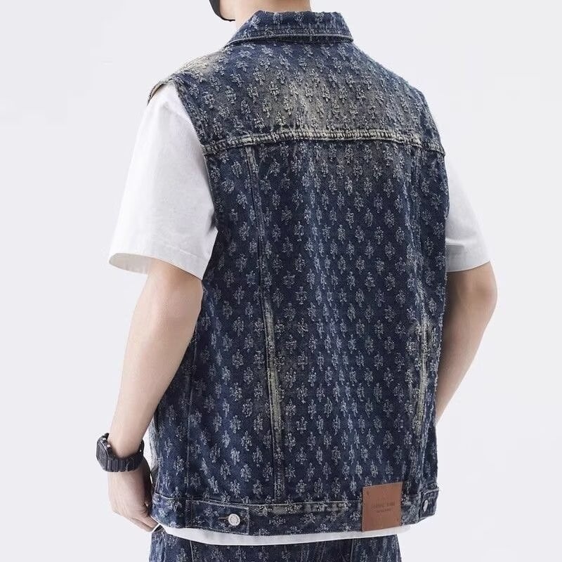 Vesta din denim cu imprimeu cu lăbuțe de pisică în jacquard, pentru bărbați, croială lejeră, guler pătrat, închidere cu nasturi, primăvară-toamnă