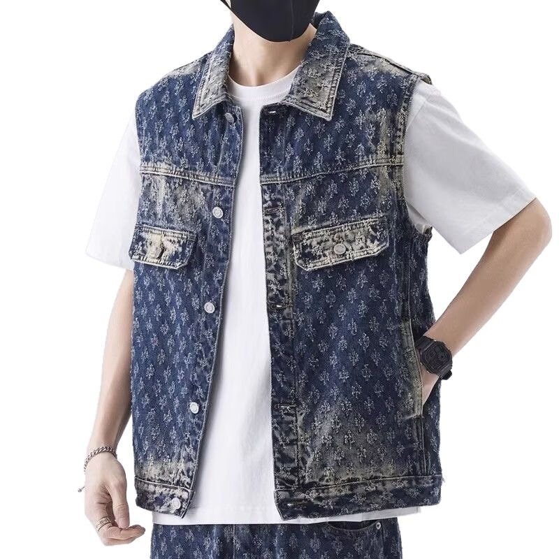 Vesta din denim cu imprimeu cu lăbuțe de pisică în jacquard, pentru bărbați, croială lejeră, guler pătrat, închidere cu nasturi, primăvară-toamnă