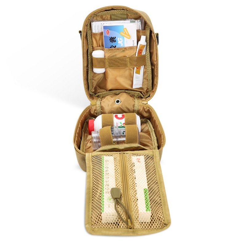 Set nou de urgență pentru familie — geantă cubică de stocare a medicamentelor cu curea, trusă de prim ajutor pentru casă și mașină, culoare camel, dimensiuni 10.1×14.9×21 cm.