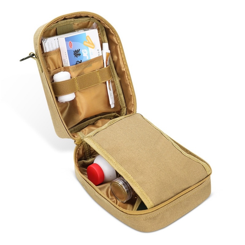 Set nou de urgență pentru familie — geantă cubică de stocare a medicamentelor cu curea, trusă de prim ajutor pentru casă și mașină, culoare camel, dimensiuni 10.1×14.9×21 cm.
