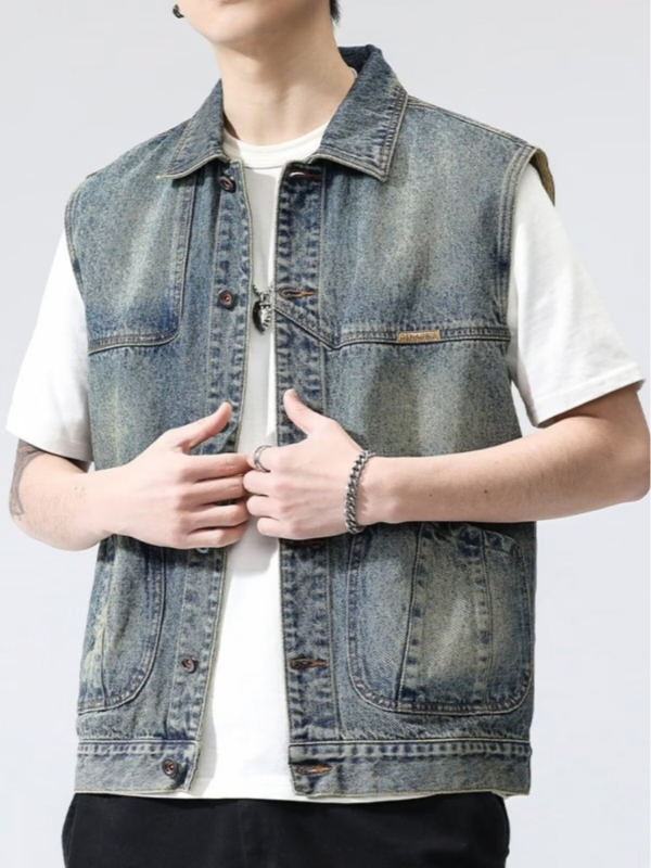 Vestă din denim pentru bărbați, croială largă, pentru exterior, stil retro american, îmbrăcăminte de lucru