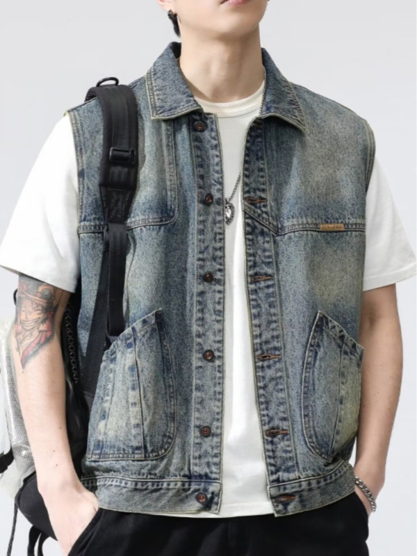 Vestă din denim pentru bărbați, croială largă, pentru exterior, stil retro american, îmbrăcăminte de lucru