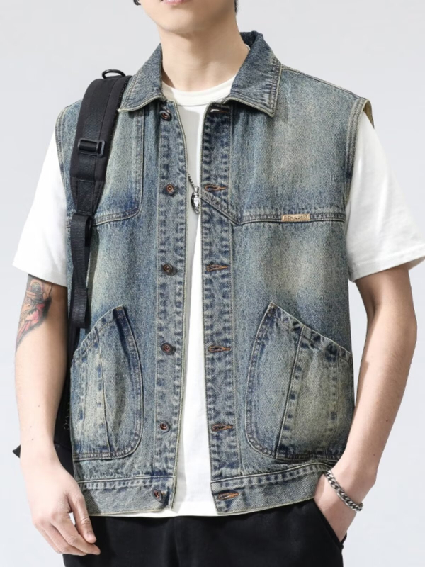 Vestă din denim pentru bărbați, croială largă, pentru exterior, stil retro american, îmbrăcăminte de lucru